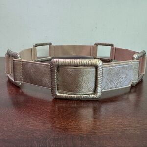 Chico’s Metallic Gold Leather Beige Stretch Rectangle Buckle Fashion Belt Size L